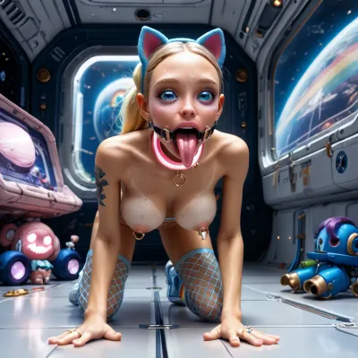 (spacecraft white large control room:1.4), ((closeup narrow very beautiful innocent looking face view:1.8)), (young low skinny girl with fake implanted spherical big breasts:1.6), (on knees and elbows:1.7), (upper body forward down:1.5), (perfect:1.5), (skinny very flat ass up a little:1.5), (small very beautiful petite woman:1.5), (young Ukrainian model cutie:1.4), (sweaty:1.1), ((short stature slender fit skinny body:1.7)), ((small thin anorexic waist:1.7)), ((very large distance between legs:1.7)), (very wide very low pelvic:1.4), (wide shoulders:1.7), (very shapely legs very spread apart:1.7), (nipple ring piercings:1.3), ((detailed beautiful blue-dark eyes:1.7)), (perfect glowing light pink thin lips:1.5), (light white electronic wide mouth spreader ring gag:1.7), ((very wide thin extremely long wide smooth light tongue out down:1.8)), ((long round tongue's end:1.6)), (wide open big gaping mouth:1.7), (light blonde with rainbow smooth silky straight hair ponytail:1.5), ((very large distance between rounded spherical breasts:1.7)), (tan fair skin:1.5), (thin beautiful eyebrows), (very gorgeous:1.5), (sexy:1.4), (satisfied:1.6), (glowing white fake small short cat ears:1.4), (glowing pink massive very oversized electronic collar device:1.7), (tattooed body:1.4), (glowing tattoos:1.3), (seductive sexy makeup:1.5), (very long eyelashes:1.5), lipstick, (stunning:1.3), (dimples:1.4), (white sneakers:1.3), (glowing pink fishnet stockings:1.5), (on white soft mat:1.3), (many children's toys:1.5), (masterpiece), <lora:Microwaist_XL_v01:1.5>