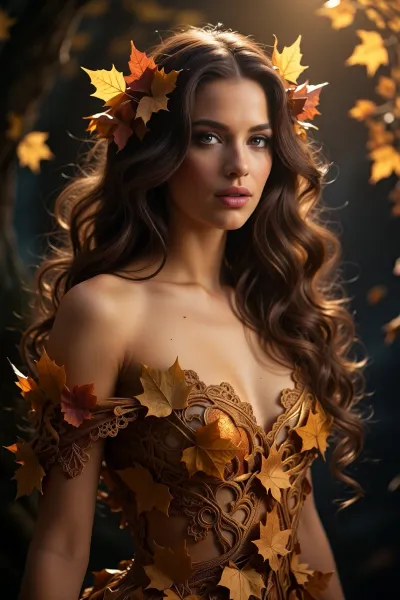A breathtaking, majestic portrait of a “seni” girl—a beautiful woman with thick, long, wavy hair, into which multicolored maple leaves are woven. She has beautiful facial features and expressive eyes. She wears a detailed, corset-style lace dress, lavishly decorated with yellow, orange, and red maple leaves. The soft, warm, golden light of the “golden hour” from above creates depth and highlights against the backdrop of a dark, mystical forest, photorealistic, high-resolution, high detail, depth of field