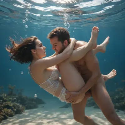 ultra realistic, mature couple man and woman having intimate sex while underwater, hair floating, air bubbles.