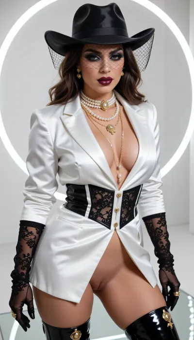 masterpiece, best quality, hyper-realistic 8k photography, 29yo adult female, Middle Eastern descent, expression of cold, calculating arrogance, predatory half-lidded gaze, smug "fuck off" smirk, extreme aggressive high-glam makeup, oversized charcoal black winged eyeliner, deep overdrawn near-black burgundy lips with a blinding high-shine wet gloss finish, voluminous espresso brown hair tucked under a high-gloss black silk-satin wide-brimmed hat with a delicate black birdcage veil partially obscuring her eyes, full body cowboy shot, standing in a stark, minimalist white studio with a reflective mirror floor, weight shifted in a sharp, provocative S-curve, wearing a custom couture ensemble, a blindingly white ultra-high-shine heavyweight silk-satin blazer, structured and cinched at the waist by an integrated extreme boned corset of sheer black lace and white satin, the corset squeezing her waist to an extreme, breasts pushed upward and strained against the fabric, wearing long black sheer lace opera gloves, heavy layered gold chains and pearls with gold emblems draped across her chest, black patent leather stiletto heels with gold metallic accents, high-end studio lighting with a powerful silver rim light creating blinding specular highlights on the white satin and the gloss of her lips, 8k resolution, 35mm lens, f/2.8, shallow depth of field, visible skin pores, sharp focus on the predatory gaze and the shimmering contrast between the white satin and black lace