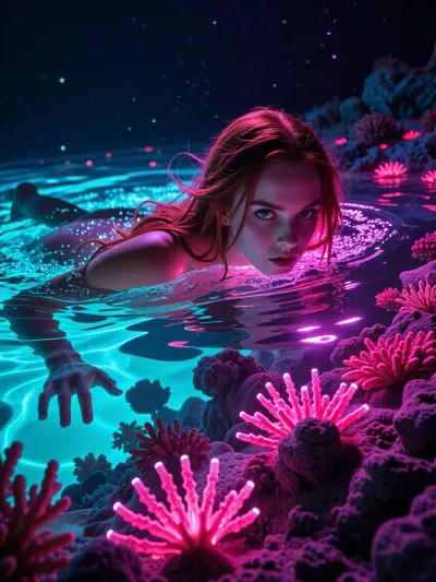 A beautiful redhead woman swimming in a surreal neon ocean at night. The water waves and coral reefs glow intensely with extreme bioluminescence in hot pink, cyan, and deep violet. Dreamlike underwater photography, bright glowing light sources, ultra-detailed.
