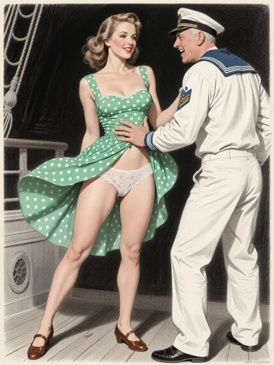 This is is a detailed monochromatic pencil drawing in a classical illustrative style depicts a scene set in 1950s, bright, colorful colors, very beautiful Russian married woman 40 years old noble light-brown elegant hairstyle, slender, wide hips, elicate noble facial features, Anna is dressed in green polka dot summer sundress And brown shoes, stands in the dark sailors’ quarters on the ship, slightly smiling, Her legs are slightly apart, the wind blows her hem of the sundress, her white lace panties are visible, old man sailor in fully uniform, who is laughing, and hard paws her butt by his fingers both his hands, rear view, The overall mood is intense, rendered in fine, expressive line work and subtle shading, evoking the style of 1950s satirical or moralistic illustrations.