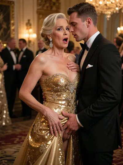 Ultra-detailed 8k photo, 60yo adult female, refined blonde hair in an elegant updo, gold sequined evening gown with intricate beaded embroidery, large diamond drop earrings, her face caught in a sudden gasp of shock and arousal, eyes wide and pupils dilated, cheeks flushed a deep crimson, 25yo primary biological male, lean and athletic build in a tailored black tuxedo, standing in close, electric proximity, his body pressed against her back, his lower hand cupping her pussy through the gold sequined fabric, fingers pressing deep to vigorously massage her clitoral glans through the dress, his other hand sneakily pinching one of her nipples hard through the fabric, creating a visible peak in the gold material, she is arching her back slightly in reaction to the sudden sharp stimulation, standing in a lavishly decorated ballroom, warm amber ambient lighting, soft bokeh background of other guests in formal attire, cinematic composition focusing on the secret and daring touch, high contrast, shallow depth of field.