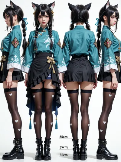 masterpiece, best quality, ultra-detailed, 1girl, multiple views comparison chart, character design sheet showing different skirt lengths from back view. Six full-body figures of the same anime-inspired girl seen from behind, standing in a row, featuring long dark hair with braided elements and animal ears, wearing a teal traditional jacket with wide sleeves and a black pleated skirt with varying lengths labeled with measurements, 85cm, (long layered skirt), and 35cm, (short skirt), Translucent dark stockings, tights patterned with white heart prints, black buckled boots, clean white background, 8k resolution