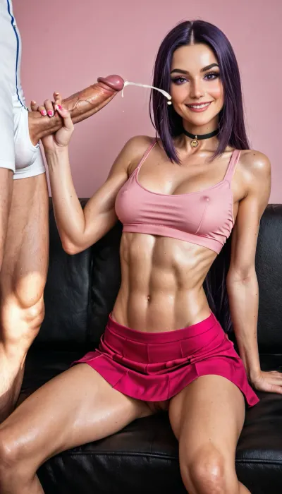 (rounded protruding firm breasts:1.3), (ultra skinny, ultra tiny miniskirt:1.2), (extremely skinny body, ultra long hair:1.2), (very slender skinny arms and legs:1.13), (prominent collarbones:1.1), delicate shoulder contours, (prominent hip bones:1.2), (visible iliac crests:1.1), narrow waist, flat abdomen, (beautiful natural skin:1.2), (smooth realistic skin texture:1.2), (subtle natural skin details:1.1), ((Nursing handjob:1.3), 1 female, 1 fit boy, handjob with both hands, Two Hands on dick, She uses two hand:1.3), (Both at sitting on coach:1.3), 1man, muscular, sitting, (Arched back), (She gives an handjob:1.3), (handjob:1.3), raven from titans, pink crop top, pink skirt, black choker, ashamed, excessive sweaty, smirk at viewer, huge veiny white cock, cumshot, hand on top of the dick, inside, pink walls black couch, looking down, (full body:1)