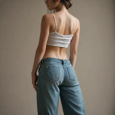 sexy woman, very skinny soft body, long brown hair, straight hair, small breasts, (wearing a loose sheer crop top), wearing baggy pants, low-rise pants, wearing tiny thong, thong showing above pants, (very small waist:1.2), (rear view:1.2), lower back dimples, looking backward, perfect hips, sexy pose, <lora:Midjourney Image Enhancer XL v1:.8>