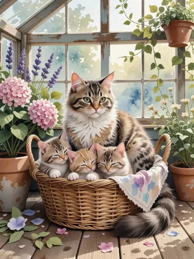 A beautiful masterpiece of pure fluid watercolor art, genuine traditional painting style on highly textured rough cotton paper. Full shot capturing an adorable cat family, a fluffy mother cat and her three tiny, sleeping newborn kittens cozying up together inside a vintage wicker basket. The setting is a sun-drenched old wooden botanical greenhouse, surrounded by hand-painted clay pots with soft blooming pink hydrangeas, lavender, and trailing green ivy leaves. The coloring showcases spectacular wet-on-wet watercolor techniques, with beautiful spontaneous color bleeds, translucent paint washes, and delicate splatters. The kitten's fur is rendered with a soft, fuzzy watercolor texture. Soft light-blue and golden sunlight filters through the semi-transparent watercolor-washed glass windows of the greenhouse, creating a serene, peaceful and cozy atmosphere. Sharp artistic pencil sketch lines are subtly visible beneath the paint, emphasizing the raw handmade craftsmanship, zero digital appearance.