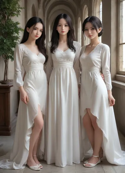 best quality, masterpiece, photorealistic, 3 pepple, Three cute girls, (15), long black hair, beautiful face & eyes, white one piece long dress, vietnamese ao dai dress, long sleeves, plain white silk fabric, a single continuous piece with no seam across the middle, hem at her ankles, deep side slits from the hip to the hem, bare legs, white pointed toe pumps, standing straight, arms relaxed at her sides, full body, long stone colonnade, repeated stone arches, gray tile floor, green trees beyond the arches, soft daylight
She is neither Western nor Chinese and Korean.