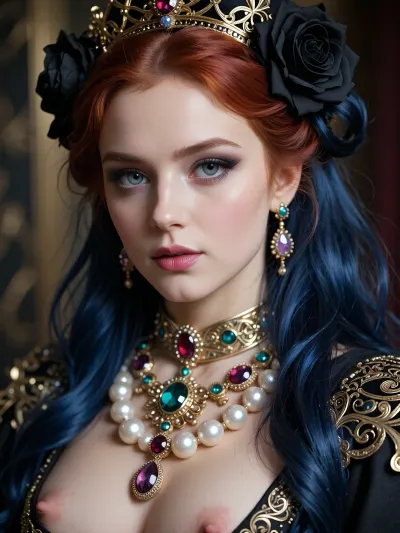 🐰🔝💔🕸️, ziprealism, (24yo), (closeup face portrait, focus on eyes:1.5), (slender, petite, soft breasts, goth esthetic, heavy goth makeup:2), (dark blue hair, deep shimmering blue hair, long hair, sophisticated goth inspired updo hairstyle, voluminous hair, black roses in hair, dark eyebrows:1.8), (oversized expressive eyes, innocent doe eyes, delicate face, angular jaw, flawless porcelain skin:1.2), (shallow depth of field, soft bokeh, layered composition, analog lens), Stable-Yogis-Makeup-Enhancer-XL, (detailed eyes, perfect eyes, natural skin texture, photorealistic skin texture), Create a highly detailed, realistic portrait of a regal redhead woman inspired by the Queen of england. Focus on her upper body to showcase the opulent jewelry and clothing. Include large, natural pearls and precious gemstones like rubies, sapphires, and emeralds, intricately set in gold. Highlight the fine craftsmanship of the metalwork, with delicate engravings and filigree patterns. Pay close attention to the texture of the fabric, showing rich, luxurious materials, and ensure the gemstones sparkle with realistic light reflections. The overall composition should convey a sense of grandeur and cultural richness, highly detailed erected pink nipples