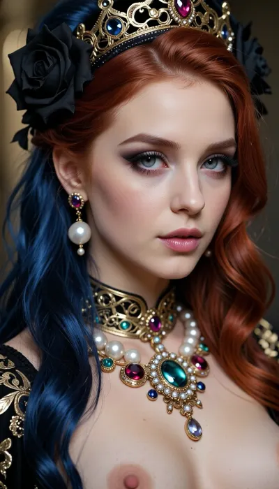 🐰🔝💔🕸️, ziprealism, (24yo), (closeup face portrait, focus on eyes:1.5), (slender, petite, soft breasts, goth esthetic, heavy goth makeup:2), (dark blue hair, deep shimmering blue hair, long hair, sophisticated goth inspired updo hairstyle, voluminous hair, black roses in hair, dark eyebrows:1.8), (oversized expressive eyes, innocent doe eyes, delicate face, angular jaw, flawless porcelain skin:1.2), (shallow depth of field, soft bokeh, layered composition, analog lens), Stable-Yogis-Makeup-Enhancer-XL, (detailed eyes, perfect eyes, natural skin texture, photorealistic skin texture), Create a highly detailed, realistic portrait of a regal redhead woman inspired by the Queen of england. Focus on her upper body to showcase the opulent jewelry and clothing. Include large, natural pearls and precious gemstones like rubies, sapphires, and emeralds, intricately set in gold. Highlight the fine craftsmanship of the metalwork, with delicate engravings and filigree patterns. Pay close attention to the texture of the fabric, showing rich, luxurious materials, and ensure the gemstones sparkle with realistic light reflections. The overall composition should convey a sense of grandeur and cultural richness, highly detailed erected pink nipples