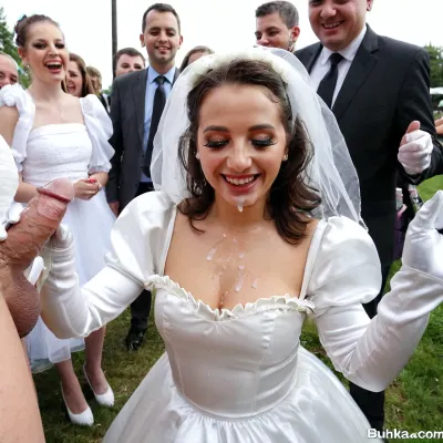 amateur brunette girlfriend bride in shiny white satin wedding dress with puff sleeves and puff long skirt, gloves, veil, crescent shaped eyes, crowd, laughing, cumshot bukkake