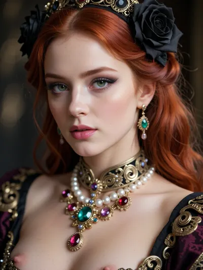 ziprealism, (25yo), (closeup face portrait, focus on eyes:1.5), (slender, petite, soft breasts, goth esthetic, heavy goth makeup:2), (redhead hair, long hair, sophisticated goth inspired updo hairstyle, voluminous hair, black roses in hair, dark eyebrows:1.8), (oversized expressive green eyes, innocent doe eyes, delicate face, angular jaw, flawless porcelain skin:1.2), (shallow depth of field, soft bokeh, layered composition, analog lens), Stable-Yogis-Makeup-Enhancer-XL, (detailed eyes, perfect eyes, natural skin texture, photorealistic skin texture), Create a highly detailed, realistic portrait of a regal redhead woman inspired by the Queen of england. Focus on her upper body to showcase the opulent jewelry and clothing. Include large, natural pearls and precious gemstones like rubies, sapphires, and emeralds, intricately set in gold. Highlight the fine craftsmanship of the metalwork, with delicate engravings and filigree patterns. Pay close attention to the texture of the fabric, showing rich, luxurious materials, and ensure the gemstones sparkle with realistic light reflections. The overall composition should convey a sense of grandeur and cultural richness, highly detailed erected pink nipples