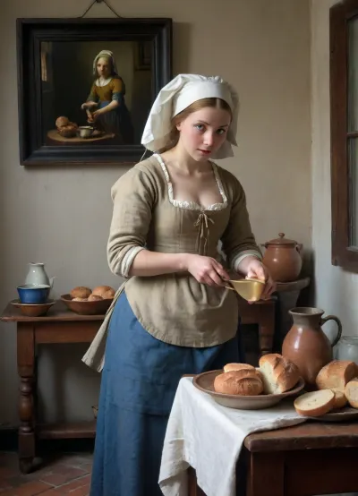 The scene is an identical to the painting “The Milkmaid” by Vermeer. Mature Woman in the same style white Dutch bonnet cap, full body view, (she is topless showing her naked small tits), a model, sexy hips, hairy pussy, she stands by a table under a high window, she is pouring milk from a terracotta jug into a bowl on the table, her eyes are on the milk as it tumbles into the jar own bowl, the table is adorned with bread and a small black jug, Vermeer’s original painting hanging on the wall in the background