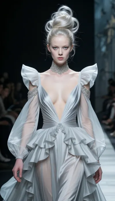 (avant-garde surreal esthetic portrait of an eerie and unnerving evlish fashion model as she struts a high-fashion catwalk in Milan), (silver-blonde hair, extravagant high fashion hairstyle with a weightless floaty look), (pale skin, albino, extreme elegance and poise with a regal demeanor), (lithe lender body, long slender torso, chiselled cheekbones, lean face with defined features), (risque modern take on a princess dress with deep cleavage and showing off her midriff, it is floor length with a wide ruffled chiffon waist and long flared sleeves), (focus on eyes, expressive eyes, large oversized eyes, pale eye color), (analog lens, professional studio photo-shoot, professional color grading)