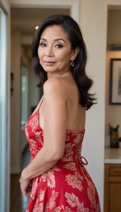 Thigh up side view photo of sexy cute beautiful petite 65 year old Filipina, slutty cougar type, ((oval face)), ((full cheeks)), asian eyes, ((big broad mouth)), mouth closed, (((raised eyebrows))), ((thin round high arch eyebrows)), (((cateye smoky makeup))), ((black long hair)), dark Brown eyes, soft features, flat nose, ((((wrinkles on face)))), (((aged face and body))), ((very big natural tits)), (((mature))), (((petite body))), ((side rear view she is standing inside a contemporary vacation beach house, looking back over her shoulder at viewer)), evening time, ((wearing a skimpy revealing very short loose flowy bohemian print deep plunge neck halter red sundress with side boob)), smoldering expression, cleavage, bare legs, side boob, (((side view)))