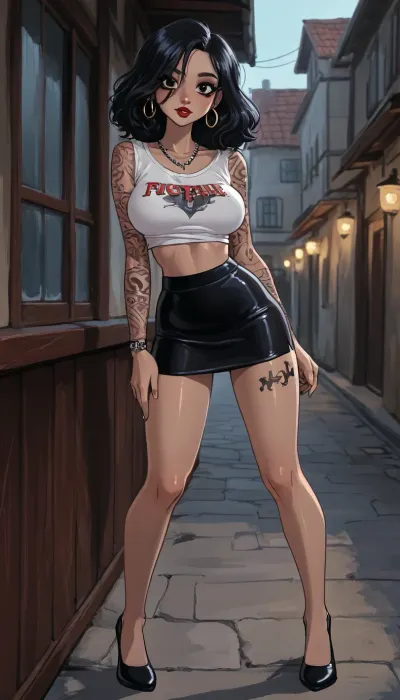 reiq meets innv and Jack cayless art style, 19 year old black haired Italian girl, wearing a black tube skirt, a cropped red peasant blouse, high heel shoes, silver necklace, earrings, frontal view, curly black hair, brown eyes, bold face, lusty expression, large breasts, petite girl, colourful sleeve tattoos, body tattoos, colourful tattoos, perfect waist, perfect hourglass figure, skinny, slim, broad hips, perfect hands, perfect fingers, perfect anatomy, masterpiece, best quality, high resolution, ultra detailed, perfect breasts, red lips, eye makeup, mascara, eye shadow, tan skin, sexy pose, standing next to a parked Ferrari Dino in a town square in Italy, dynamic sexy pose, ratatatat74, <lora:EnvyBeautyXL02:1>, <lora:mk_Bp Anime_xl:1>, <lora:EnvyAnimeDigitalPaintingXL01:1>, <lora:ratatatat74-000050:1.9>
