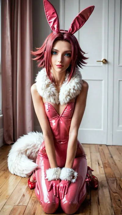 Kallen Kozuki, Code Geass, 1girl, solo, long crimson red hair, blue eyes, confident seductive expression, (ultra skinny:1.6), pink glossy latex bunny costume, strapless pink bunny bodysuit, pink bunny ears, large round pink bunny pom-pom tail, compact fluffy spherical tail, (thick white fluffy fur trim:1.35), (wide fluffy white fur cuffs around both wrists:1.4), (thick white fluffy fur bands around both ankles:1.4), (soft fluffy white fur collar around neck:1.35), white fur edging along neckline, fluffy white fur trim along costume edges, long pink latex gloves, pink thigh-high stockings, shiny pink high heels, pink hair ribbons, (deep forward bend:1.4), (bending far forward at the waist:1.4), (upper body nearly horizontal:1.3), (torso lowered toward the floor:1.3), (strongly arched lower back:1.25), hips pushed backward, legs slightly bent, hands resting on knees, head turned back over shoulder, looking at viewer, pronounced forward-leaning pose, three-quarter rear view, full body, wrists and ankles clearly visible, Ashford Academy student council room, elegant wooden interior, tall windows, red velvet curtains, warm cinematic lighting, detailed background, masterpiece, best quality