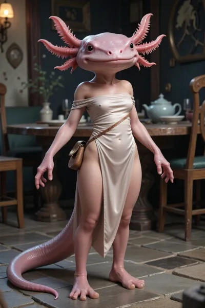 Full-body fantasy character illustration of a petite female anthropomorphic axolotl, standing upright on two legs.

Her head is anatomically based on a real axolotl, a broad, flattened amphibian skull, wide rounded snout, large mouth extending across the face, small round black eyes positioned far apart, smooth facial skin, and no external human nose. She should read as an attractive humanoid female .

Three large, branching, feathery external gill stalks extend from each side of her head, six gill stalks in total. The gills are pink-red, with fine delicate filaments clearly visible.

Her body is a coherent bipedal amphibian humanoid, with smooth pale pink skin, a short neck, narrow shoulders, rounded torso, round belly, slender arms, broad four-fingered hands with visible webbing between the fingers, powerful digitigrade amphibian legs, and broad webbed feet . A long, thick, laterally flattened swimming tail extends from the base of her spine and curves along the ground behind her.

She wears an elegant silk dress, with high cut slits . A small leather satchel hangs at her hip. Her hands, feet, gills, and tail are unobstructed and clearly visible.

She stands on a flat stone floor with both feet planted, arms relaxed at her sides, facing the viewer. Her mouth forms a subtle, friendly axolotl-like smile.

Stylized high-fantasy RPG character design, detailed creature anatomy, clean linework, soft painterly shading, natural skin translucency, subtle wet highlights, expressive but unmistakably anthropomorphic appearance.

Teahouse background