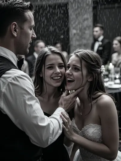 Two very drunk 22 years old women giggle and nervously flirts shyly to the handsome waiter away from the wedding reception, perfect teeth, wedding party in the blurred background. various perspectives, FRESHIDEAS, Real, Photography, 2#, Black, and, white, art, black, shading, charcoal, toned, brutal, dark, b/w, color, scheme, texture, photorealistic, hvrn, heavy, rain