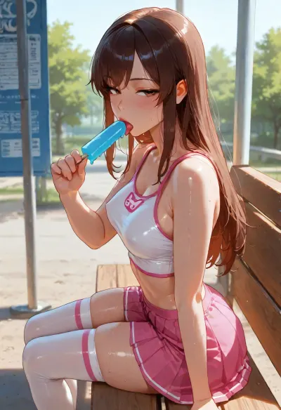 (blender render, 4k:1.5), (pov, wide shot, from side), (scorching sun, blistering heat), (d.va), solo, (pink school skirt, white thigh highs, white cropped top), (sexy, hot:1.5), tiny, skinny, long hair, medium small breasts, round breasts, (sweat), (sitting on bus stop bench), (sucking huge popsicle, (tongue out), popsicle melting), (naughty look, looking at the viewer, half closed eyes), realistic contact shadows, environment light, dim intimate lighting, 4ng3l, face, but, <lora:add-detail-xl:.8>, <lora:SDXL_BetterFaces-LoRA_v1:.8>, <lora:BUT_SDXL_SHS:.8>, <lora:DetailedEyes_V3:.8>
