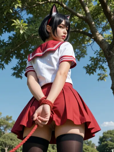 masterpiece, best quality, ultra-detailed, 1girl, solitary, low angle shot from behind, anime cosplay, cat ears headband, short black hair, red pleated anime sailor skirt, white sailor uniform shirt with red collar, black tights, hands bound behind back with red rope, standing outdoors under green tree foliage with blue sky in background, natural daylight, photorealistic, 8k resolution