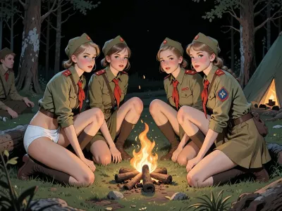 This is a detailed a classical illustrative style depicts a scene set in USSR in 1950s, It's night, a clearing in the forest, several beautiful, sweet, slender girls in scout uniforms are squatting down on the grass near the campfire, facing the camera, their legs are slightly apart, ((their white panties visible)), so that panties are visible under their skirts, ((panties are visible under skirts:1.3)), a dark background, the figures of the girls are illuminated by the campfire, The overall mood is intense, rendered in fine, expressive line work and subtle shading, evoking the style of 1950s satirical or moralistic illustrations.