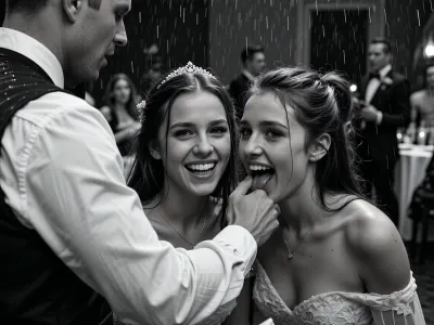 Two very drunk 22 years old women giggle and nervously fucking shyly to the handsome waiter away from the wedding reception, perfect teeth, wedding party in the blurred background. various perspectives, FRESHIDEAS, Real, Photography, 2#, Black, and, white, art, black, shading, charcoal, toned, brutal, dark, b/w, color, scheme, texture, photorealistic, hvrn, heavy, rain