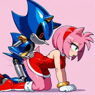 16-bit pixel art, retro game style, (Amy Rose from Sonic the Hedgehog:1.6), pink fur, short pink hair with forehead quills, large green eyes, red dress, red boots, being fucked from behind by, (Metal Sonic:1.5), sleek blue metallic body, red eyes, sharp design, doggystyle, side view, Amy on all fours, Metal Sonic gripping her hips and thrusting into her, detailed pixel shading, pink background, clean 16-bit aesthetic, sharp pixels, classic Sega style