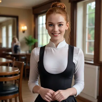 ultrarealistic, uhd, epic details, 8k, masterpiece, 22yo, beauty, small, realistic body, ginger mid long hairs, slick hairs with bun, sexy waitress outfit, tights, black shoes, realistic face, smile, medium chest, in manor, morning light