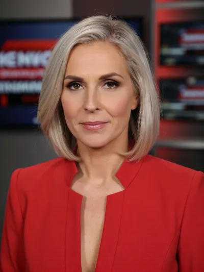 masterpiece, best quality, 45yo adult female, oval face, softly defined jawline, mid-height cheekbones, almond-shaped hooded eyes, hazel iris, groomed arched eyebrows, straight nose bridge with rounded tip, moderate fullness lips with defined cupid's bow, fair skin with visible nasolabial folds and fine lines around the eyes, matte skin texture, platinum blonde short bob cut, side-parted, voluminous crown, straight texture, frontal upper body shot, shoulders squared, slender neck, structured red blazer, high collar, shoulder pads, lapel-less front, news studio background, blurred digital monitors, red and grey color palette, professional studio key lighting, soft shadows, 8k resolution, 35mm lens, professional photography, sharp focus