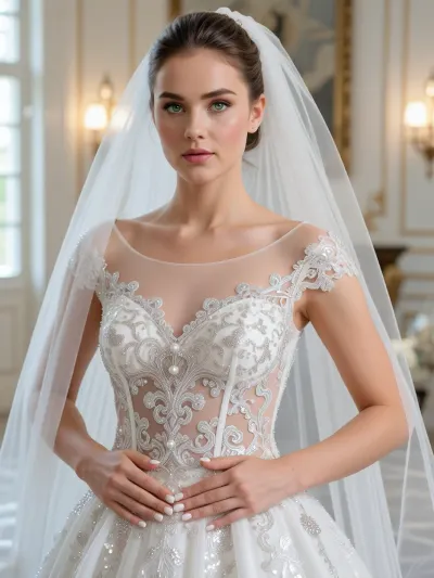 A true masterpiece—a flawless, high-resolution wedding photograph. The bride, with an elegant hairstyle, is captured in a graceful, almost frontal pose, (facing the camera), her hands are elegantly folded in front of her, emphasizing her slender waist and perfect proportions, while her flawless white wedding manicure harmoniously complements the look. She wears a luxurious wedding gown, the bodice is made of the finest sheer white lace and airy, semi-transparent fabric, richly embellished with intricate embroidery featuring shimmering silver Lurex threads and natural pearls. A long, voluminous, and weightless veil made of sheer white tulle gracefully cascades down from her hair. Her expressive emerald-green eyes are fixed directly on the camera lens. Her skin is smooth, with a matte texture. The photo shoot takes place in a luxurious, light-filled wedding hall, soft rays of sunlight stream through a large window, creating a striking, highly artistic blurred background, (bokeh), with dramatic contrast.