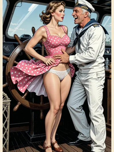 This is is a detailed a classical illustrative style depicts a scene set in 1950s, bright, colorful colors, very beautiful Russian married woman 40 years old noble light-brown elegant hairstyle, slender, wide hips, elicate noble facial features, Anna is dressed in pink polka dot summer sundress And brown shoes, stands in the dark wheelhouse on the ship, slightly smiling, the wind blows her hem of the sundress, her white lace panties are visible, old man sailor in fully uniform, who is laughing, and hard paws her butt by his fingers both his hands, The woman and old sailor stand sideways looking at each other, The overall mood is intense, rendered in fine, expressive line work and subtle shading, evoking the style of 1950s satirical or moralistic illustrations.
