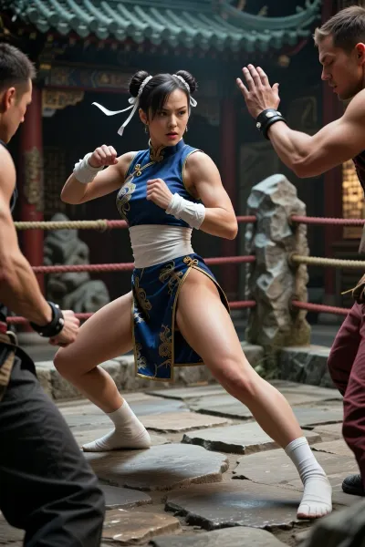 Chun-li in a chinese scenario training some fighting moves in the fighting stone ring, cinematic shot, dynamic lighting, 75mm, Technicolor, Panavision, cinemascope, sharp focus, fine details, 8k, HDR, realism, realistic, key visual, film still, cinematic color grading, depth of field.