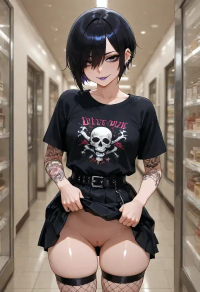 Emo woman, 18 year old, black skirt, black top, black fishnet stockings, black hair, very short hair, black makeup, purple lipstick, tattoos, piercings, (little skirt lift, in the mall, flashing pussy, sexy smile)