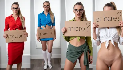 side-by-side four pictures of a slim 29 years old slender woman, rounded hips, medium breasts, round hips, full body, wears sneakers with knee high socks, long blonde sleek hair in ponytail, black glasses. On the first picture on the left she wears a tied red shirt and red skirt knee level, and holds a handmade sign with text "regular?". On the second picture on the right she wears a tied blue shirt and mini skirt, and holds a handmade sign with text "mini?" On the second picture on the right she wears a tied green shirt and green low waist very wide belt with 2 inches long frills presenting visible smooth pussy, and holds a handmade sign with text "micro?" On the second picture on the right she wears a tied white shirt and no pants, bottomless, smooth pussy, and hides her head behind a handmade sign with text "or bare?" same girl on every picture, same pose.