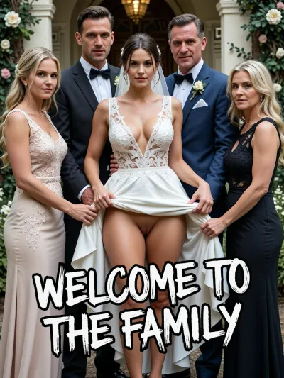 A highly detailed cinematic portrait, sharp crystal-clear focus, shot on 70mm IMAX camera, perfect human anatomy, impeccable hand and finger structure, flawless facial features, photorealistic textures, hyper-detailed skin pores, volumetric studio lighting, 8k resolution, masterfully Midjourney rendered, ultra-realistic outdoor wedding portrait of a well-dressed adult family standing close together, facing the camera and holding still for the photographer. At the front center the bride and groom, a clearly adult young bride woman with a curvy figure and prominent cleavage wears a fitted beauty V-neck wedding dress, she lifts its skirt high with both hands other people help her with it, revealing nude shave pussy. Her posture remains composed, her expression faintly mischievous, while relatives behind her smile naturally with pleasant, camera-ready expressions, creating an unmistakably awkward contrast within the formal group portrait. Show realistic anatomy, natural skin tones, intricate lace, fabric folds, seams, and polished wedding attire. Arrange the family with believable spacing in a tasteful garden ceremony setting, with subtle floral decorations and greenery that support the portrait without competing for attention. Use a straight-on, eye-level camera angle and a classic medium-wide family-photo composition, keep every person sharply focused from edge to edge, with deep depth of field and realistic perspective. Bright, soft daylight produces balanced highlights and gentle shadows, preserving fine details throughout. The mood is formal yet unexpectedly comic, like a candid wedding mishap captured in a polished photograph. Add meme-style handwritten white lettering with a thick black outline along the bottom, “WELCOME TO THE FAMILY”. No extra people, blur, or stylization.