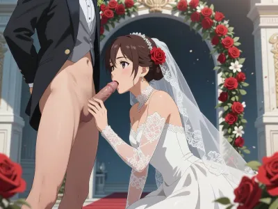 A beautiful bride on her wedding day, modern, highly detailed anime style, hentai, a masterpiece. A young bride with chestnut-brown hair in a neat updo, a silver tiara, a long white veil, and an elegant white wedding dress with semi-transparent lace sleeves. She gently takes into her mouth the penis of the groom standing before her—partially visible—who is wearing a black tailcoat with a gray vest and a white shirt, but no pants. Background, bright, soft light on the bride and groom, soft shadows, a dark blue evening backdrop with stars, marble columns and a wedding arch adorned with red roses against a deep blue sky, the erotic atmosphere of an evening wedding ceremony. Highly detailed modern 2D hentai/anime, detailed anatomy, glossy skin, lace, fabrics, realistic lighting, high-quality rendering.