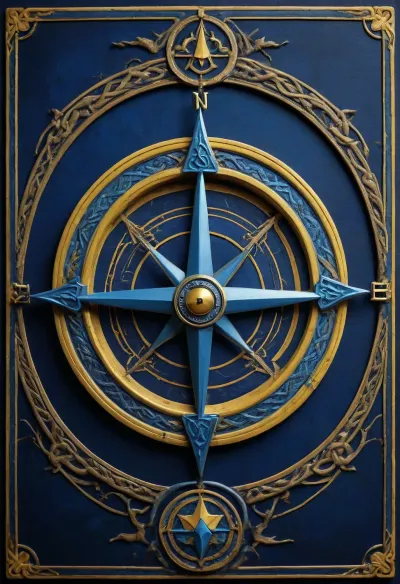 Tarot Card Style, dark blue background, ships compass, yellow, with a bright electric blue star at the north, N E S W markings, border silver celtic knot, masterpiece, official art, <lora:DUSK_XL_TAROTCARD_dadapt_cos_5e4:.8>