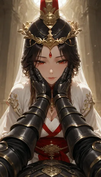 (1male, 1female), A cinematic, intimate embrace between a warrior in ornate black armor and a woman in a flowing white and red traditional hanfu. The warrior, wearing a wide-brimmed black conical hat with gold accents and hanging tassels that veil their faces, leans in to kiss the woman. She wears a white robe adorned with vivid red floral patterns and a crimson sash, her dark hair styled in an elegant updo. The armor is intricately detailed with dark metallic filigree and heavy gauntlets. The lighting is moody and atmospheric, with soft golden highlights contrasting against a deep, muted background, emphasizing the romantic and protective tension of the pose., first person POV shot, through the eyes perspective, immersive subjective viewpoint