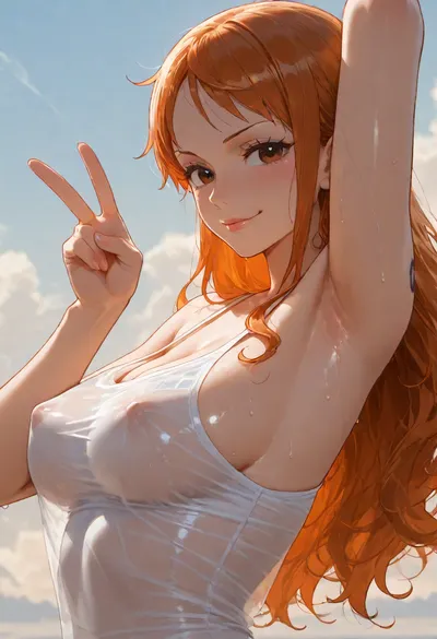(Nami from One Piece, long orange hair:1.2), solo, armpit fetish, sweaty armpit, soft smile, kissing lips, glossy lips, peace sign, looking at viewer, side view, sheer white top, small medium breasts, erect nipples, deep pokies, see-through, outdoors, simple sky background clear blue sky white soft white clouds
