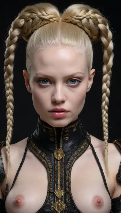 Alluring tempting luscious dark female albino warrior for the God of Chaos and War in fearsome and also beguiling wealthy expensive ornamated pomp splendor pageantry magnificence opulence, sumptuousness heavy armor in very black and bright gold with piquant insights. multi-braided hairstyle, half naked nude-art in the style of Eric Zener