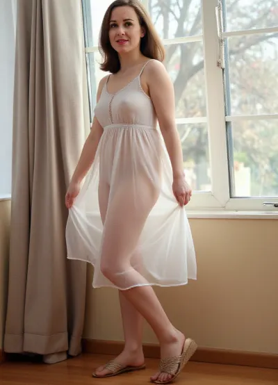 full body view. Private photo in 1958. 1 housewife stands next to a big window, she is 45 years old and wears lightly seethrough summerdress, (legs apart, the sunlight pass through her dress:1.1), summershoes