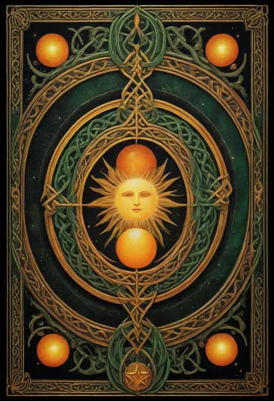 Tarot Card Style, black starry background, big orange and yellow sun in center, border gold celtic knot, masterpiece, official art, <lora:DUSK_XL_TAROTCARD_dadapt_cos_5e4:.8>, green