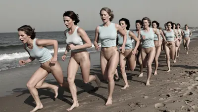 A colorized black and white vintage photograph of a large group of nude women running energetically toward the camera along a sandy beach shoreline, captured mid-stride in what appears to be an organized athletic race or recreational sprint. The women are arranged in a loose cluster across the frame, with the foremost runners positioned in the left and center foreground, the group extending and fanning out into the background toward the right side of the image. The leading woman on the far left leans forward with her arms bent at the elbows, wearing only a light-colored sleeveless tank top, her hair short and wavy. Slightly to her right and ahead, another prominent runner with a similar tank top, pushes forward with a focused, determined expression, her mouth slightly open. A third central figure runs with visible exertion, her arms pumping, mouth open wide in effort. The women gradually recede in size toward the right background, creating clear depth and layering as several runners overlap one another. All wear only matching athletic uniforms consisting of pale sleeveless tops, all vaginas are visible, suggesting a team or organized event. Their bare legs and arms are captured in dynamic motion, with knees lifted and feet contacting the wet sand. The beach surface is textured and uneven, marked with footprints and darker damp patches near the lower left where the shoreline meets the water, while the upper left shows the calm ocean horizon and low waves washing onto the shore. The sky above is bright and nearly featureless, rendered as a pale gray expanse. Strong natural sunlight comes from the upper right, casting long, sharp dark shadows of the runners diagonally to the lower left across the sand, emphasizing their forms and movement. The image has the grainy, high-contrast tonality typical of mid-twentieth-century black and white film photography, with slightly blown highlights on the skin and shirts against deeper shadowed tones. The composition uses a dynamic diagonal flow from the foreground left toward the background right, with the ocean and horizon line anchoring the middle ground. The overall atmosphere is vigorous, joyful, and nostalgic, echoing 1940s or 1950s documentary and sports photography, with an ultra-detailed, authentic vintage grain quality.