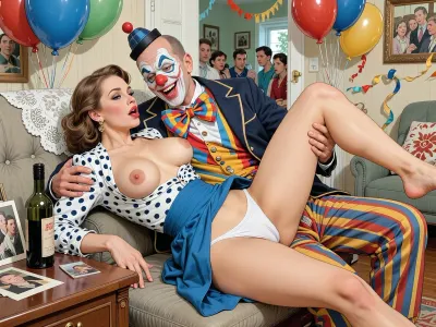 This is a detailed a classical illustrative style depicts a scene set in USSR in 1950s, Anna- very beautiful Russian drunk married woman 40 years old noble light-brown elegant hairstyle, slender, wide hips, her the legs are slightly spread apart, her her white panties are visible, elicate noble facial features, expressive eyes, Anna is dressed in blue skirt a skirt with a raised hem revealing her white panties, and a open polka dot blouse showing her large saggy breasts with tight nipples, She's lying on her back on an ordinary sofa in the living room of a Soviet apartment and hugs of a detailed male clown—40 years old With a mocking laugh —wearing a full clown costume, complete with clown's trousers, a jacket, suspenders, a colorful shirt, an exaggeratedly large bow tie, a red nose, and a tiny hat, who paws her hard, squeezing round butt in white panties with his fingers with a mocking laugh, a bottle of wine and her family photos are on the bedside table next to her.A private party decorated with balloons, streamers, with many neighbors can be seen in the background through the open door.retro, full body view. The overall mood is intense, rendered in fine, expressive line work and subtle shading, evoking the style of 1950s satirical or moralistic illustrations.