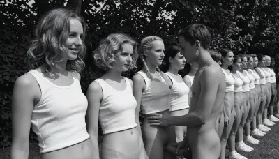 A black and white vintage photograph of a long, diagonal line of 20 year old nude women standing at attention outdoors, arranged in a receding row that stretches from the left foreground into the right background. The closest woman on the far left has wavy, shoulder-length light hair and wears only a white sleeveless tank top, her vagina is visible, reservedly smile and her gaze is directed slightly to her left, away from the camera. Beside her, the second woman has short, curly blonde hair framing her face, her gaze is directed slightly to her left, away from the camera, reservedly smile, only the same white tank top, her vagina is visible. The third woman, positioned near the center of the frame, has braided blonde twintails and her gaze is directed slightly to her left, wearing only the identical white top, her vagina is visible. To her right, the fourth woman her gaze is directed slightly to her left, and dark hair pulled back. The remaining women in the line recede into the distance to the right, each wearing only matching white tank tops, with their faces becoming progressively smaller and softer in focus, creating a strong sense of receding perspective. The women are standing close together, shoulder to shoulder, with their arms at their sides, forming a rigid, disciplined formation. Behind them, a dense wall of dark, leafy trees fills the background, rendered as a textured, out-of-focus mass of foliage. The lighting is bright, direct sunlight coming from the upper left, casting sharp, distinct shadows on the women' faces and clothing, with the first three women receiving the strongest, most sculpted illumination. The photograph has a grainy, high-contrast, black and white film aesthetic typical of mid-20th-century documentary or propaganda photography, with deep blacks in the shorts and background foliage and bright whites in the tank tops. The composition is a dynamic diagonal line that leads the eye from the bottom left to the upper right, emphasizing uniformity, youth, and disciplined group identity. The atmosphere is serious and formal, yet also marked by a certain cheerful lightness, it captures a moment of collective stillness and disciplined order in a sun-drenched, open-air setting., (A naked man stands in front of the women and touching his erect penis, while looking at the women with interest, he is touching the third woman in the row)