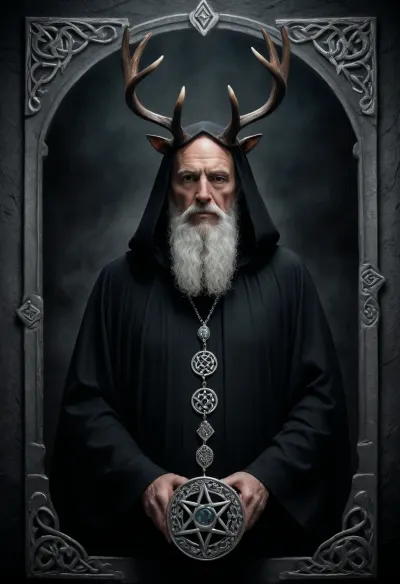 Tarot Card Style, Dark cave background, old man in a black cloak, black antlers on hids head, border silver celtic knot, masterpiece, official art, <lora:DUSK_XL_TAROTCARD_dadapt_cos_5e4:.8>