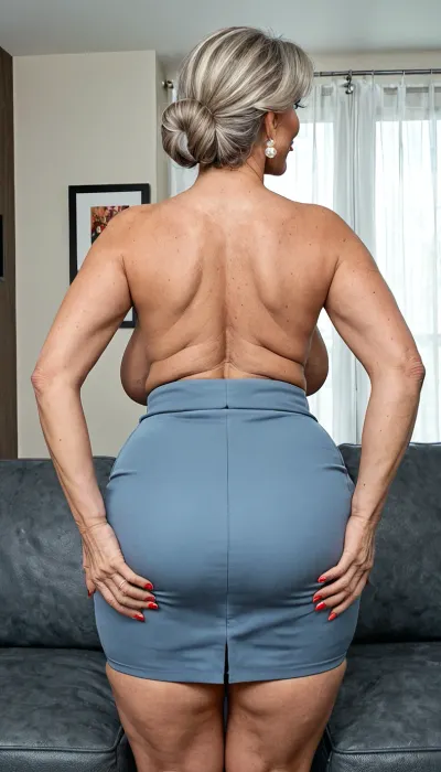 45 year old mom, (M.I.L.F), is at a casting couch trying out for a new porn movie., ((She is topless wearing a long length pencil skirt)), . She is standing up straight looking forward., ((45 years old)), ((45 year old mom)), ((fat thighs)), ((massive teardrop boobs)), ((extremely detailed 45 year old mom)), ((extremely detailed)), ((extremely real)), ((4k quality)), ((curvy body)), ((extremely detailed face)), ((long length pencil skirt)), ((ass is covered by long length pencil skirt)), ((back view)), ((long nipples)), face_refiner, <lora:Saggo_XL:2>, <lora:SDXLHighDetail_v6-000005:2>, <lora:SDXL_DatAss_v1:.8>, <lora:Adjust_SDXL_v3.0:2>, <lora:Skirt Length - SDXL_alpha1.0_rank4_noxattn_last:2>