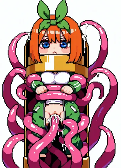 Cute, pixel art, straightjacket, sealed body, 16 bit art, cum, tentacle sarcophagus, pink tentacles, Yotsuba Nakano, chibi style, tied tentacles, tentacle mass, white background, vaginal tentacles