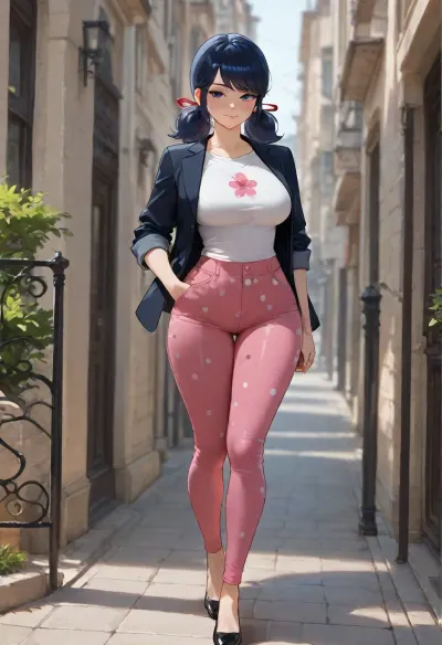 masterpiece, best quality, absurdres, newest, highres, very aesthetic, 1girl, solo, marinette dupain-cheng, miraculous ladybug, adult, mature female, black hair, blue highlights, twintails, red hair ribbons, blue eyes, freckles, open black blazer, rolled up sleeves, pink polka dot lining, white t-shirt, pink floral print, tight pink jeans, form-fitting, hourglass figure, large breasts, curvy, standing, one hand in pocket, slight smile, looking at viewer, Paris street, soft daylight, natural lighting, three-quarter view, full body